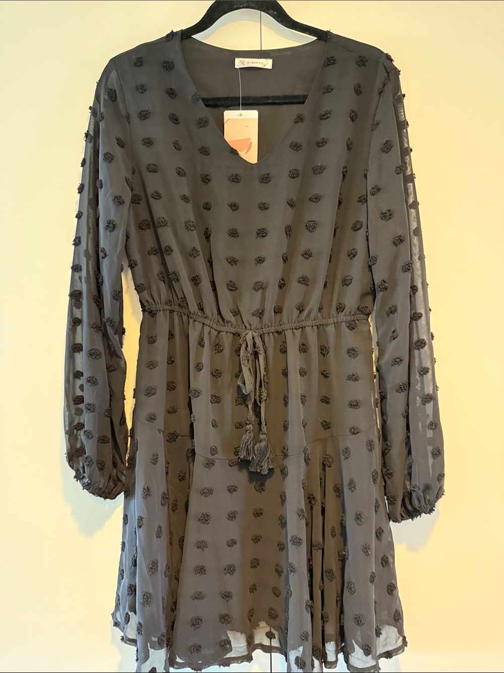 Black Long-Sleeve Tie-Waist Textured Mini Dress